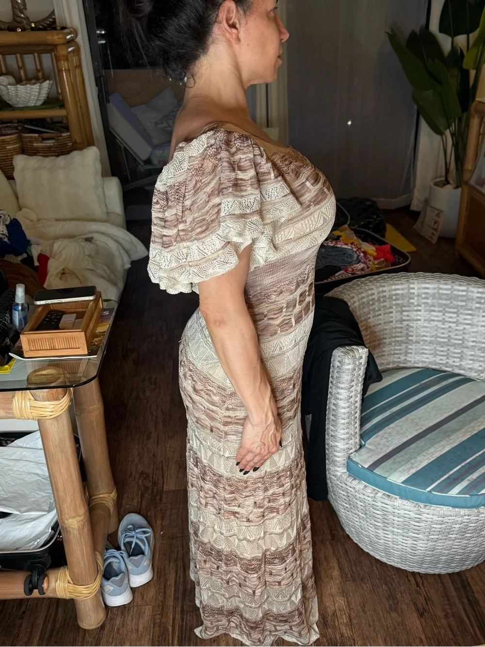 bebe One-Shoulder Knit Maxi Dress in Beige and Brown Stripes - Picture 2 of 4